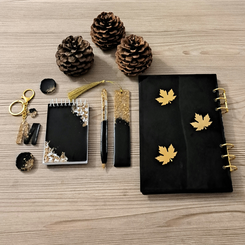 ست لوازم تحریر رزینی مشکی طرح برگ