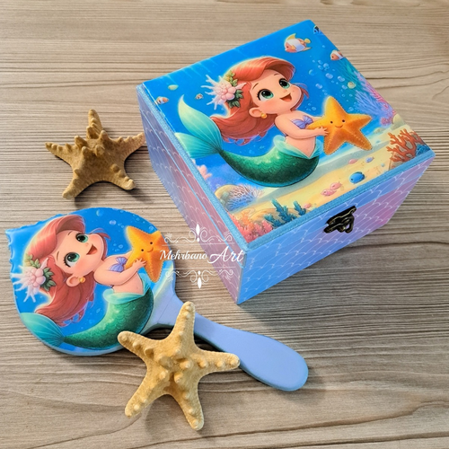 ست جعبه و آیینه چوبی دخترانه طرح پری دریایی با کاور رزینی