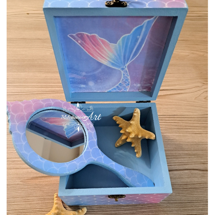 ست جعبه و آیینه چوبی دخترانه طرح پری دریایی با کاور رزینی