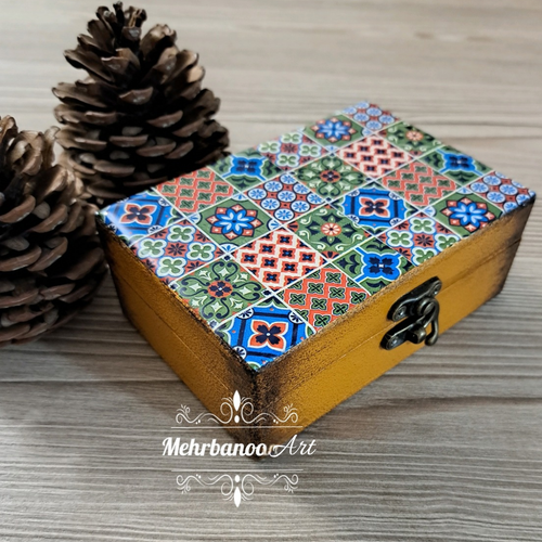 جعبه چوبی طرح کاشی سنتی با کاور رزینی
