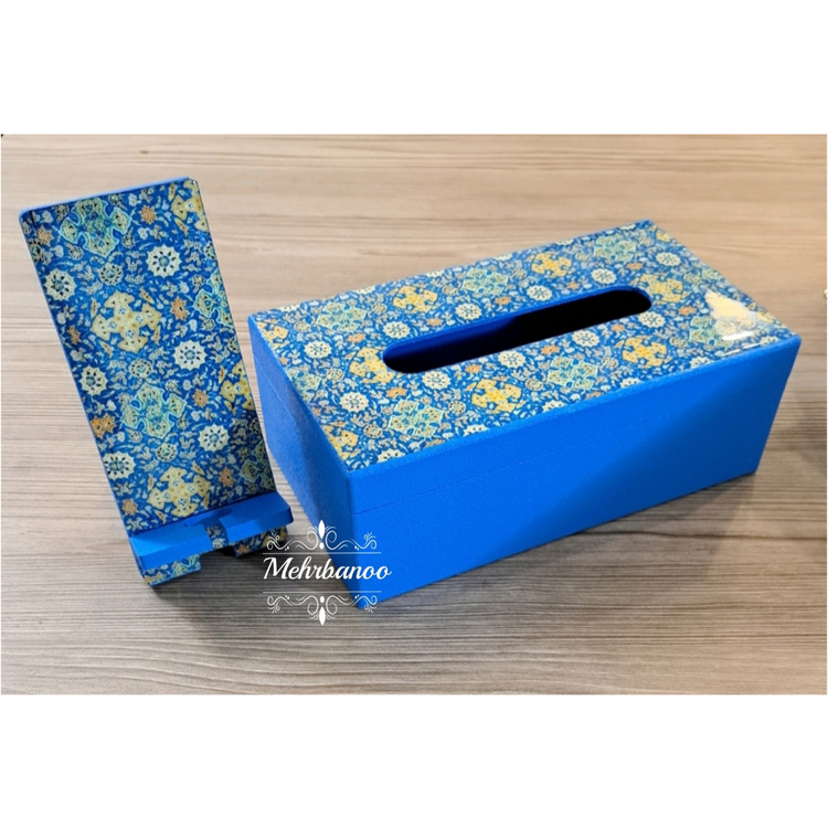 ست جا دستمالی و استند موبایل چوبی با کاور رزینی